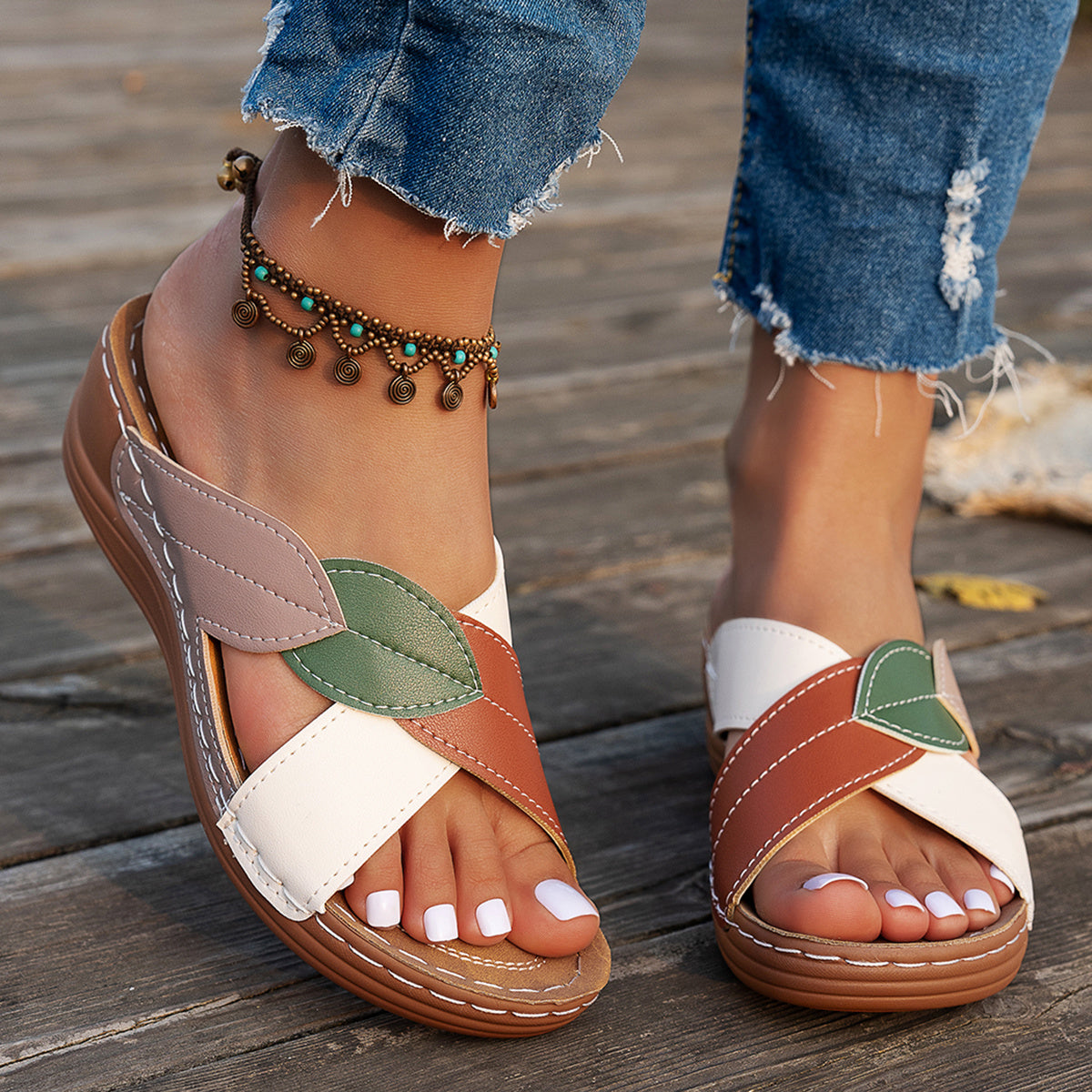 Women's Cork Wedge Sandals with leaf design and cork sole