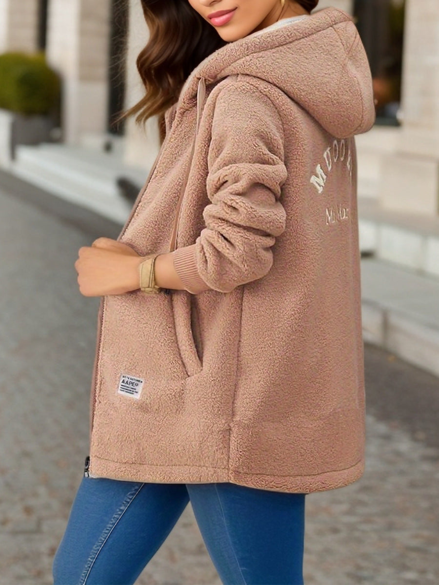 Winter Fleece Hooded Jacket Woman Zip Up