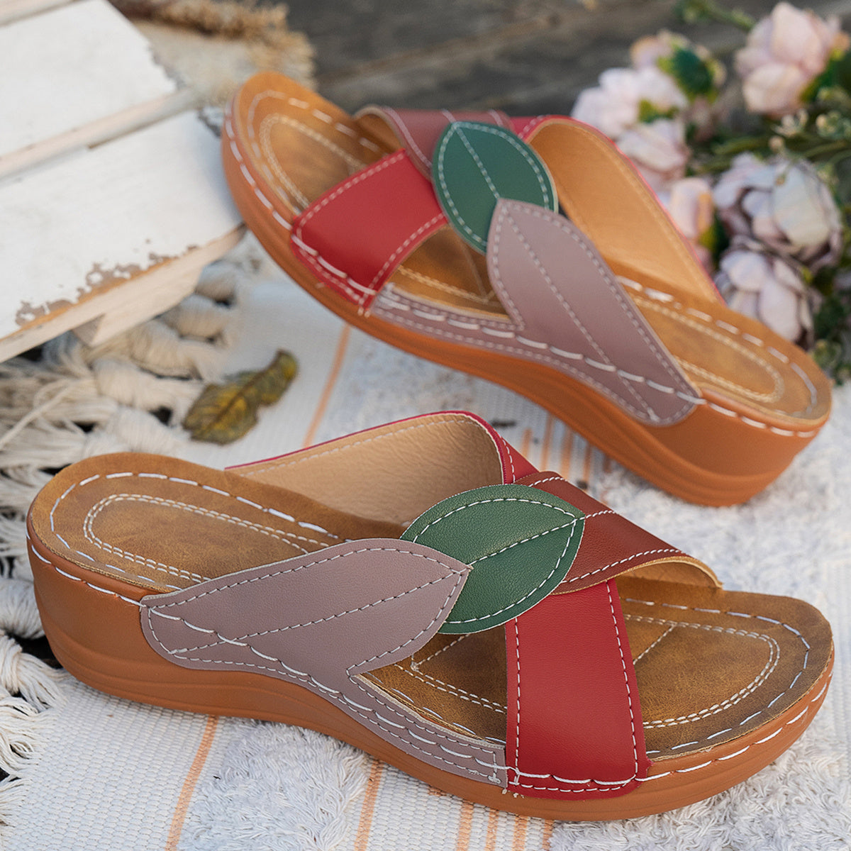 Women's Cork Wedge Sandals with leaf design and cork sole