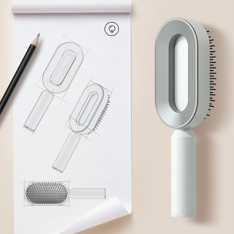 Elegant white Self Cleaning Hair Brush with one-click function
