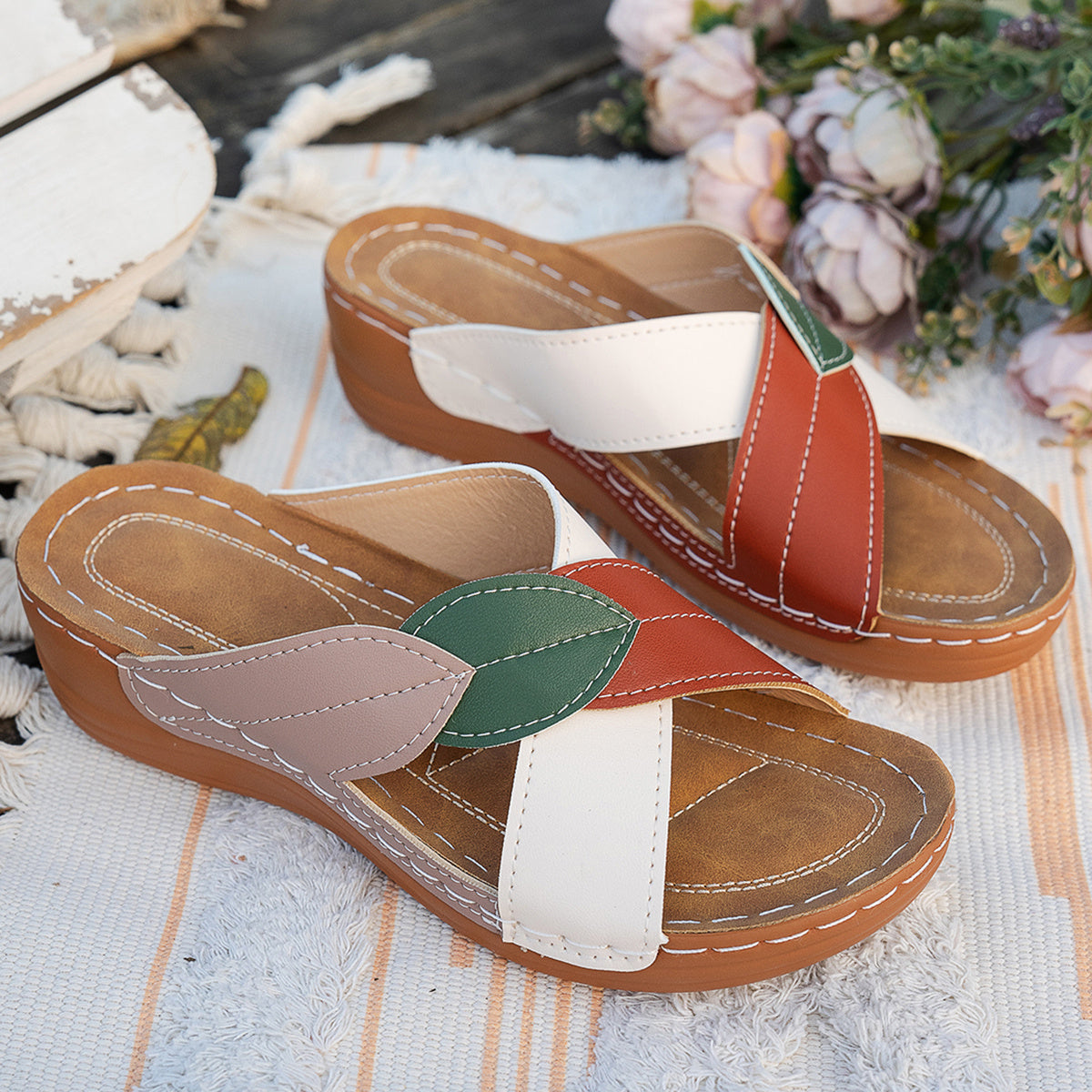 Women's Cork Wedge Sandals with leaf design and cork sole