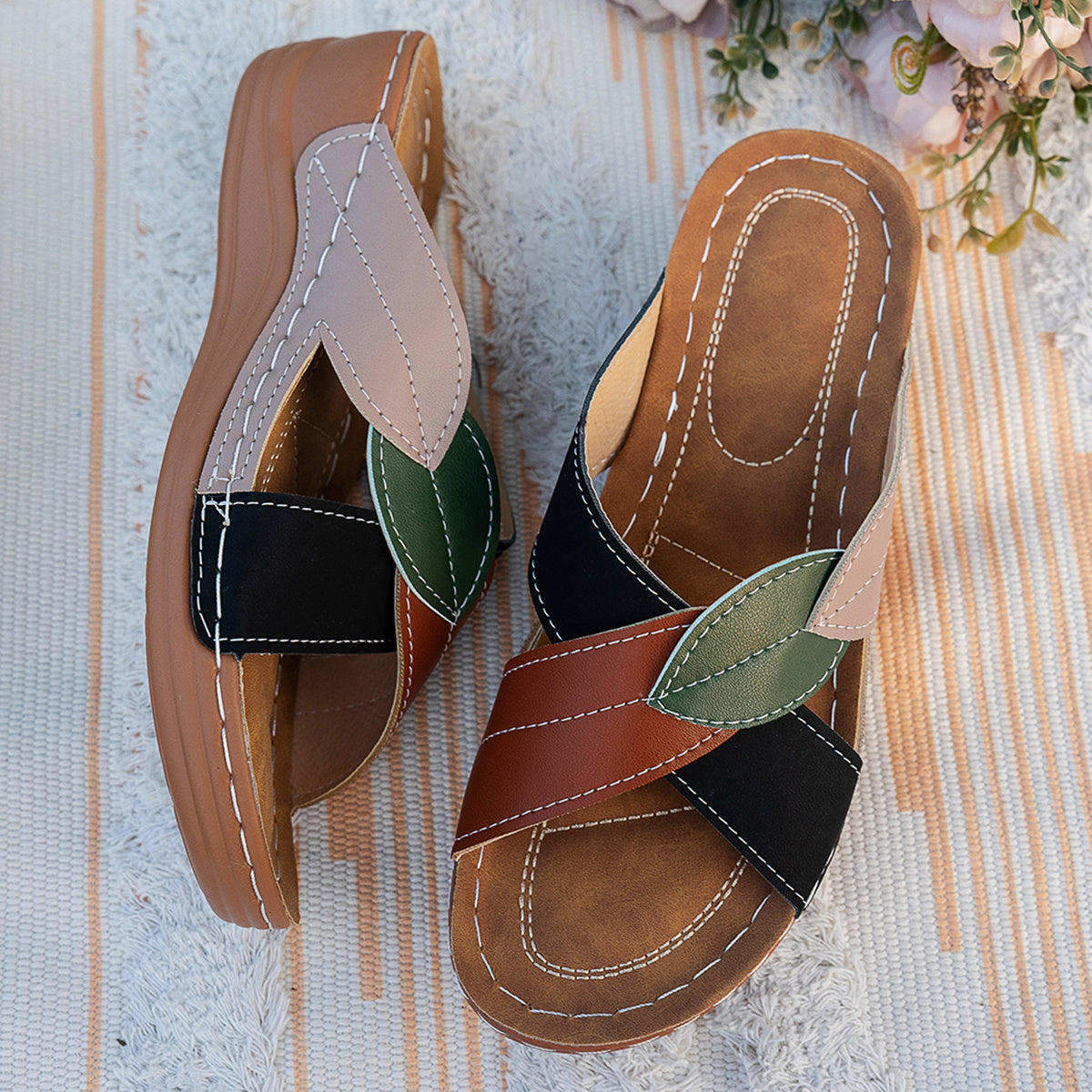 Women's Cork Wedge Sandals with leaf design and cork sole