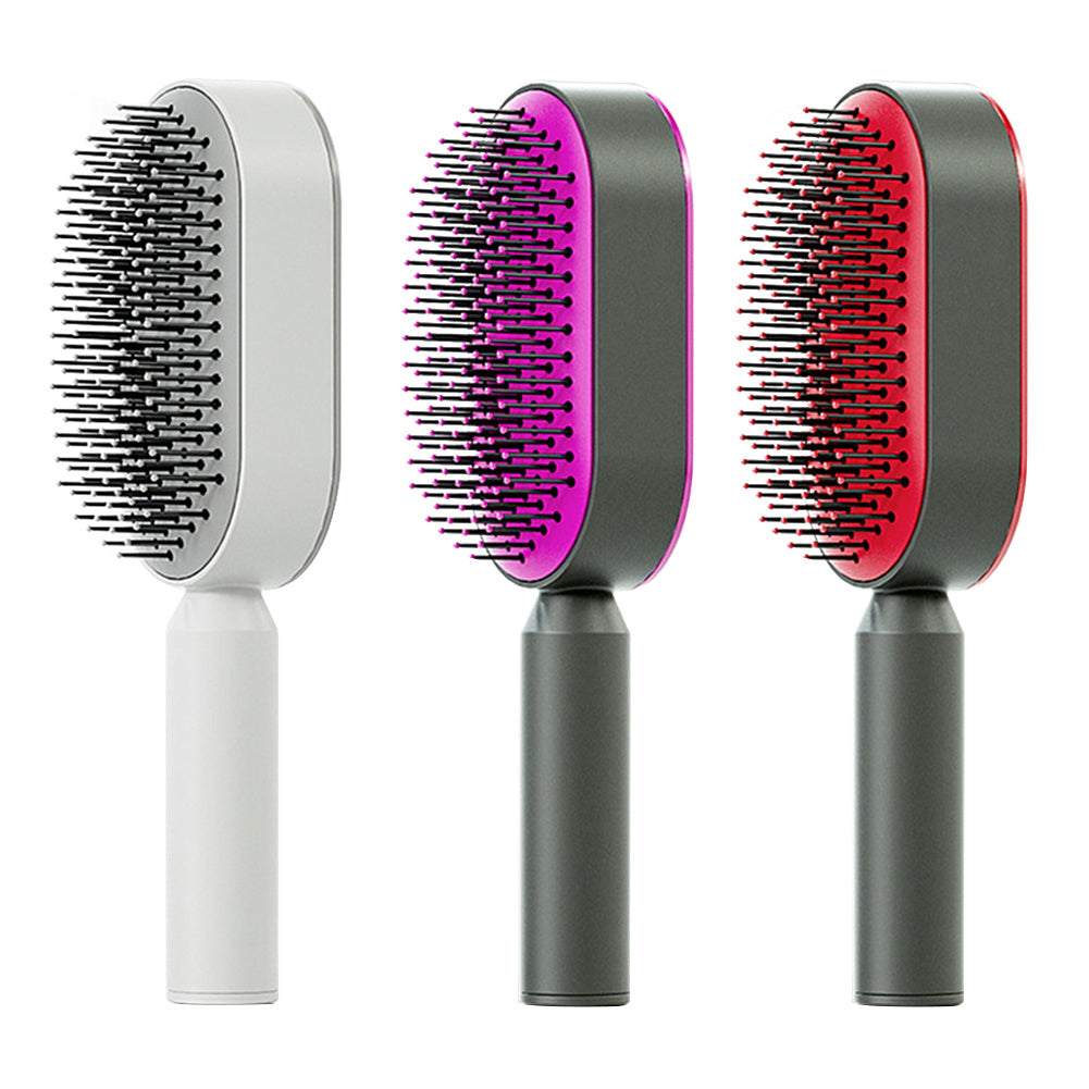 Elegant white Self Cleaning Hair Brush with one-click function