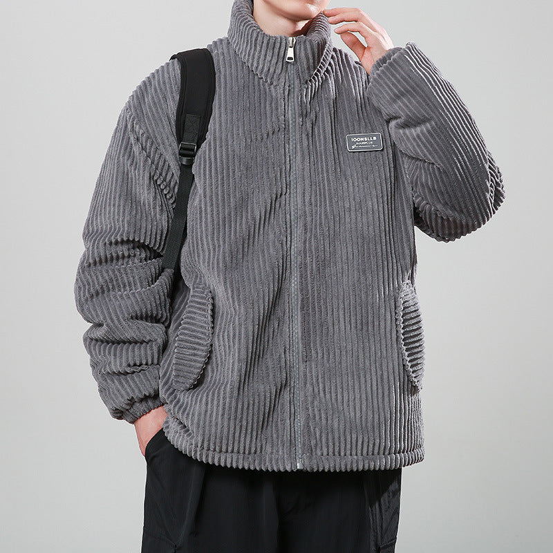 Beige Men's Winter Corduroy Jacket with zipper