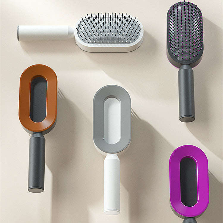 Elegant white Self Cleaning Hair Brush with one-click function