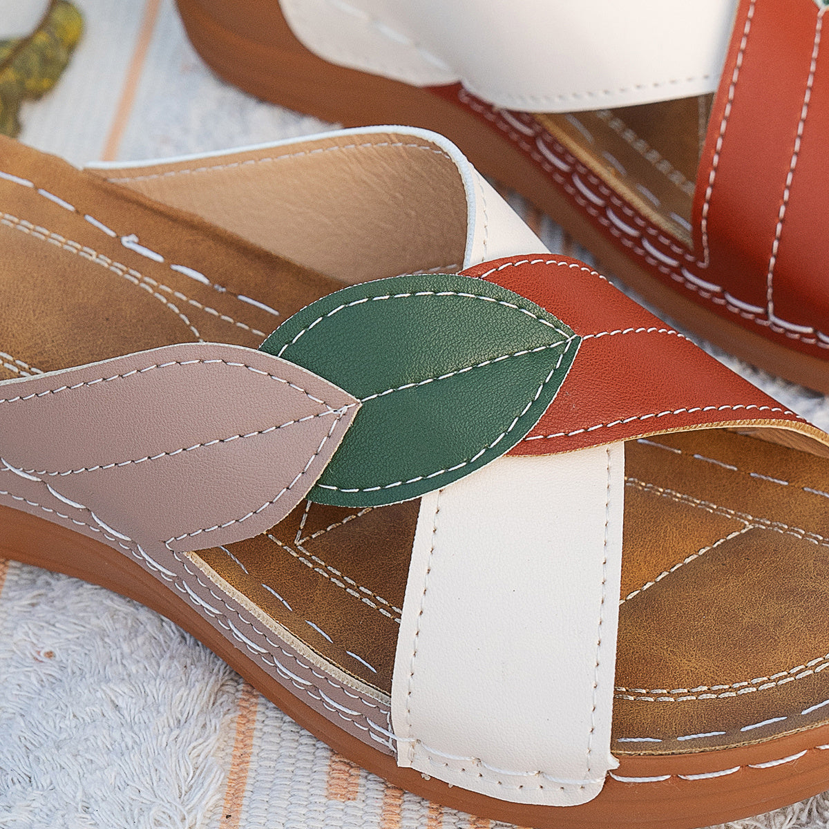 Women's Cork Wedge Sandals with leaf design and cork sole