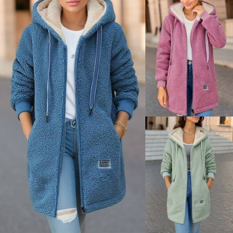 Winter Fleece Hooded Jacket Woman Zip Up