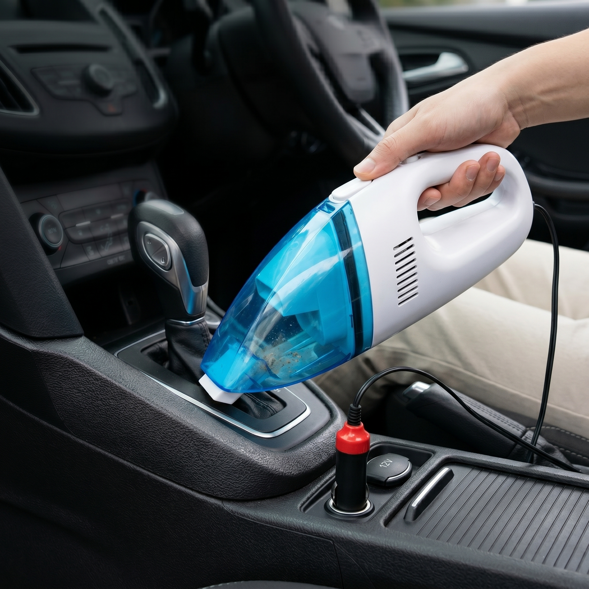 Car vacuum cleaner cleaning dashboard