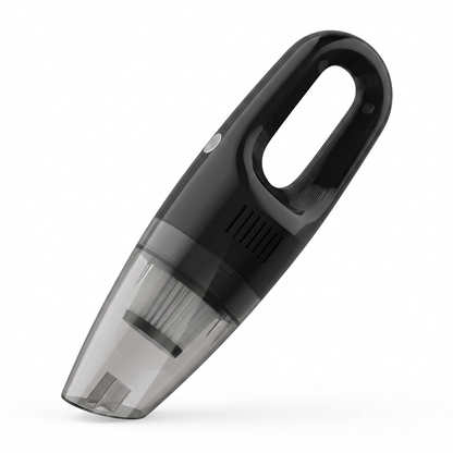 Handheld car vacuum cleaner removing crumbs from seat gaps